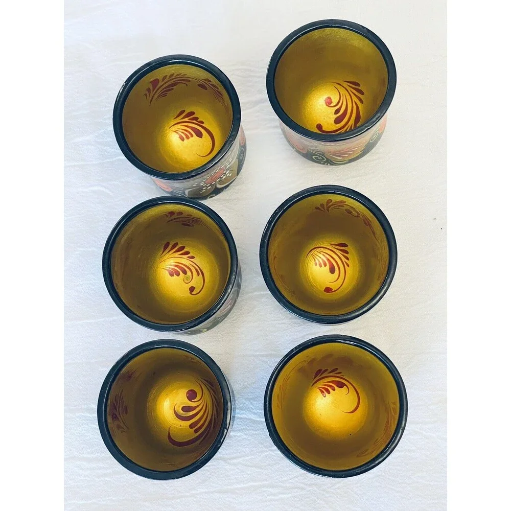 VTG Khokhloma Russian Handpainted Wooden Lacquer Set Pitcher & 6 Cups Signed EUC